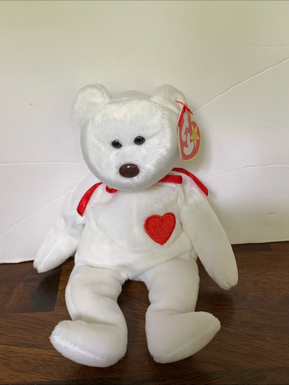 Ty VALENTINO White Bear Plush with Red Heart and Ribbon